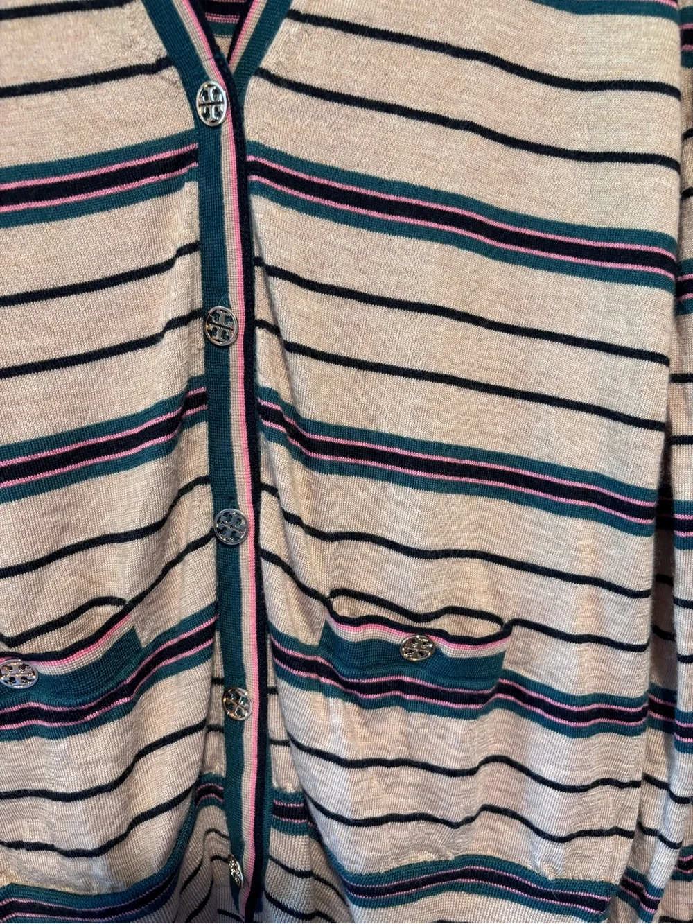 Tory Burch Tan Stripe V-Neck Cardigan with Green and Black Trim